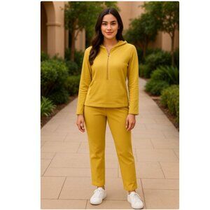J Jill Pants Suit Womens Yellow Hoodie Top Capri Elastic Waist Size S